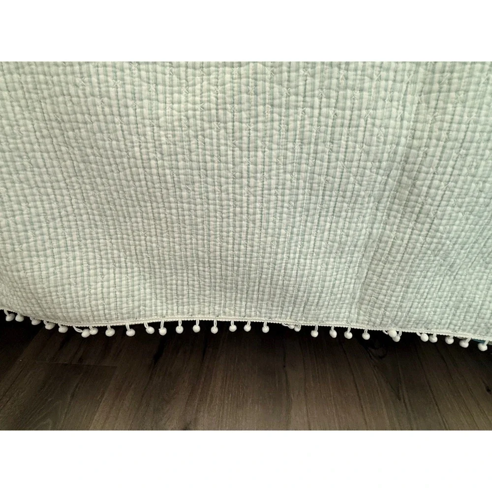 Boho Quilted King Bedding Set White Sage Green Pom Pom Trim Quilt 2 Shams